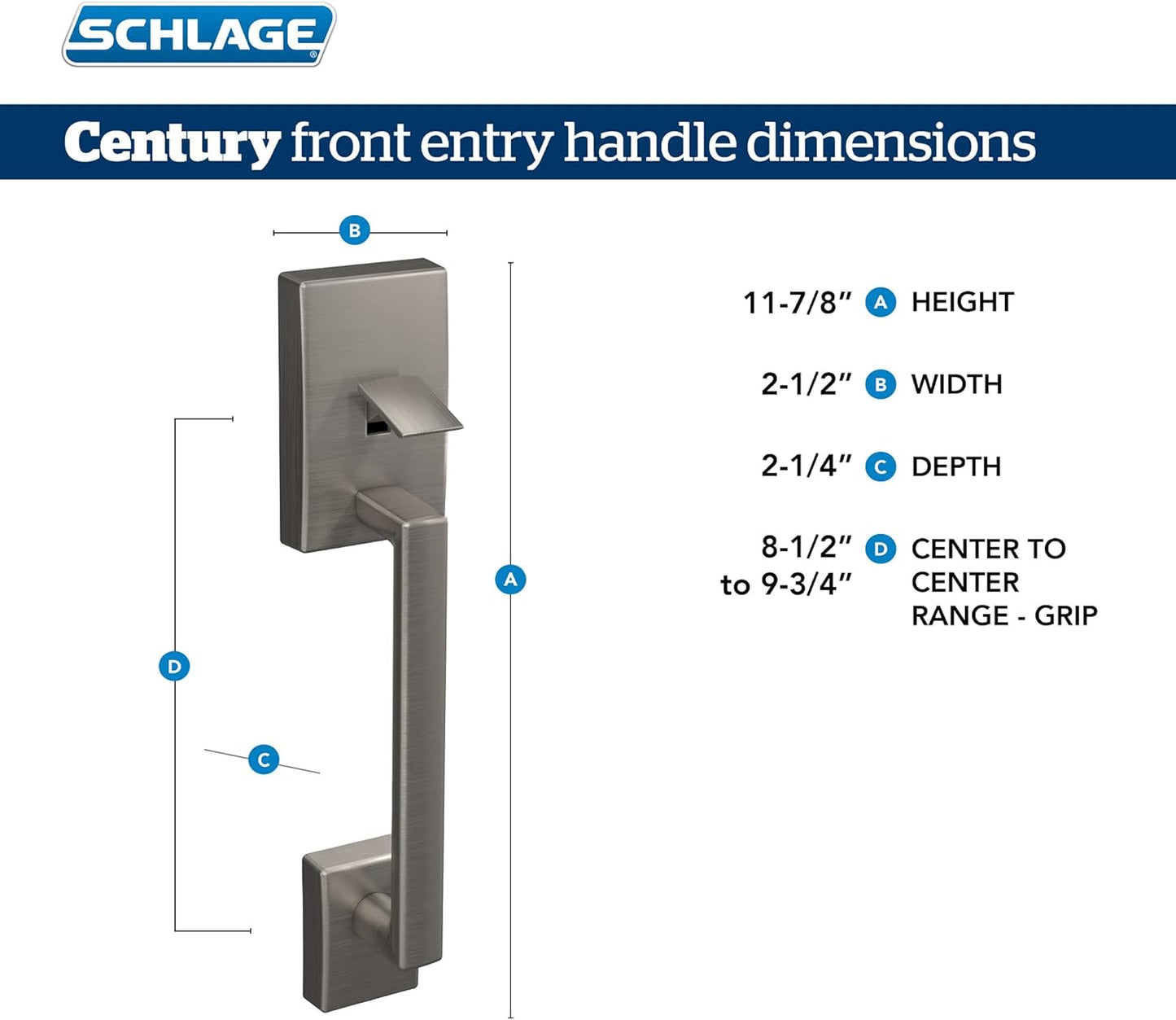 Schlage FE285 CEN 619 LAT CEN Century Front Entry Handleset with Latitude Lever, Lower Half Grip, Satin Nickel
