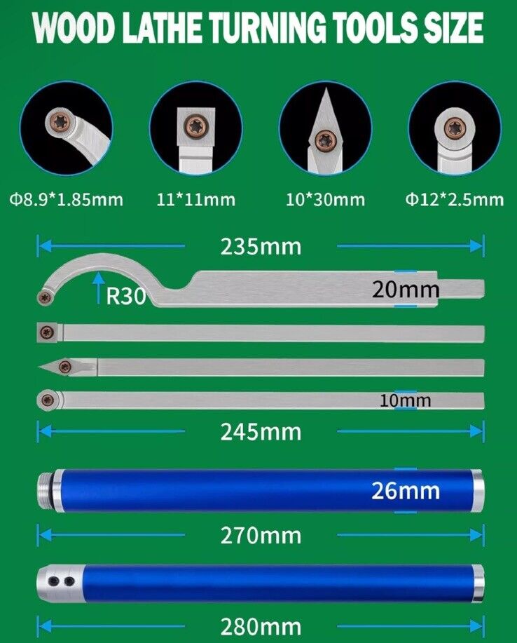 6Pcs Wood Lathe Turning Tool Kit Carbide Tip Aluminiun Handle Woodworking