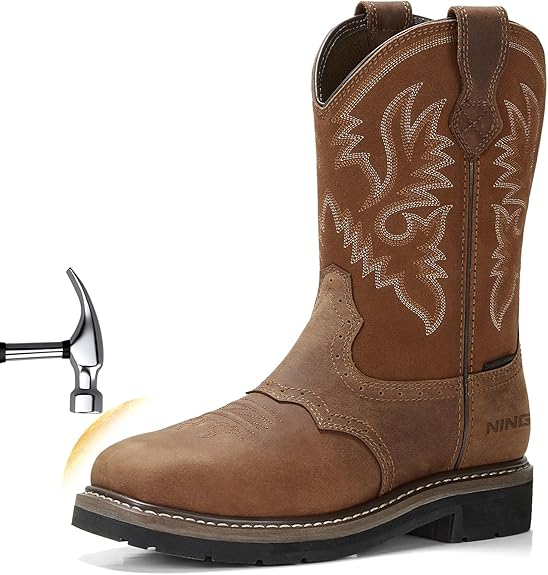 HISEA NINGO Men's Western Cowboy Square Toe Work Boots - Steel/Soft Toe - Waterproof - Oil And Slip Resistant - Size 8 - Light Brown