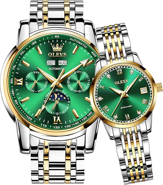 OLEVS Couple Pair Watch Automatic for Men and Women His and Hers Watches Set Gifts Mechanical Self-Winding Tourbillon Big Face Dress Wristwatch with Day Date Calendar Two Tone
